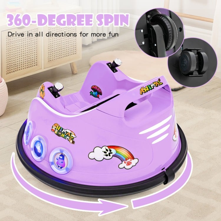 Purple 12V electric ride-on car with 360-degree spin, remote control, and LED lights for fun playtime adventures.